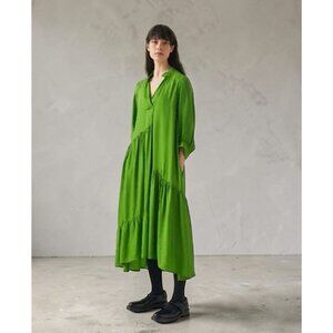 Toast Tiered Crinkle Twill Dress Spruce Green Midi Asymmetric Oversized Medium